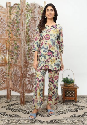 Floral Multicolor Collared Cotton Lounge Co-Ord Set with 3 button
