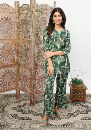 Leopard Green Organic Printed Pure Cotton Loungewear Set