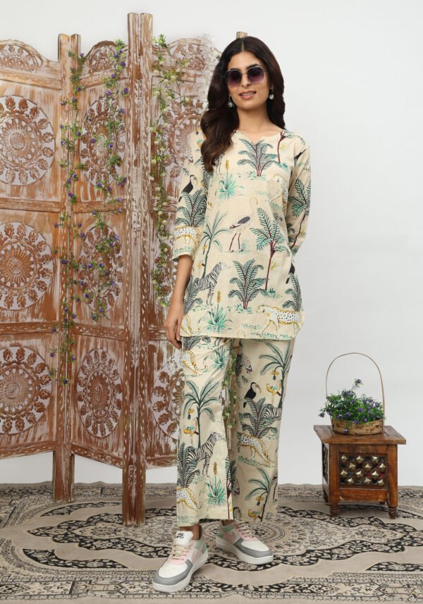 Beige Jungle Organic Printed Pure Cotton Loungewear Set - Image 3
