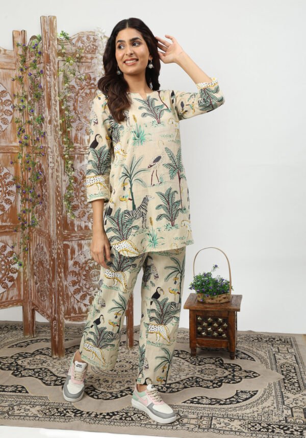 Beige Jungle Organic Printed Pure Cotton Loungewear Set - Image 8