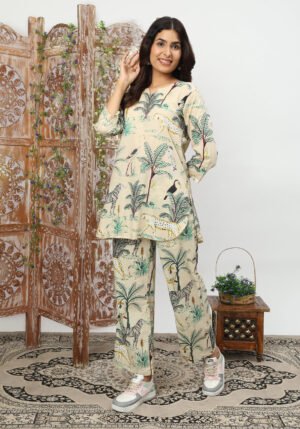 Beige Jungle Organic Printed Pure Cotton Loungewear Set