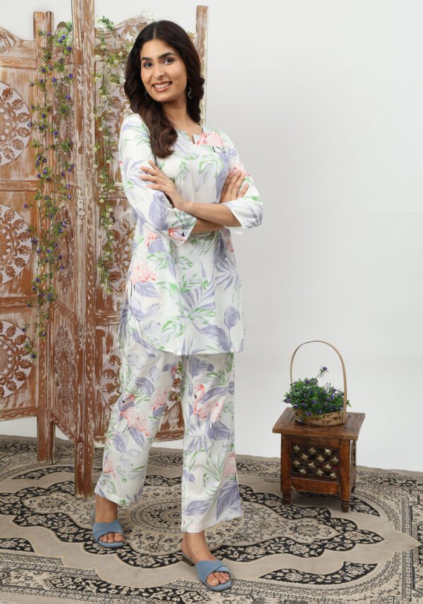 Lavender Flamingo Organic Printed Pure Cotton Loungewear Set - Image 3