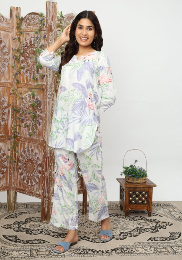 Lavender Flamingo Organic Printed Pure Cotton Loungewear Set - Image 2
