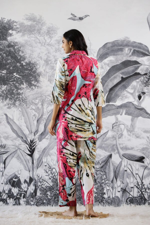 Multi Ehtnic Motif Collared Cotton Lounge Co-Ord Set with 3 button - Image 3
