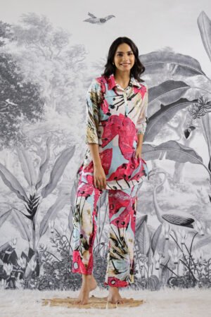 Multi Ehtnic Motif Collared Cotton Lounge Co-Ord Set with 3 button