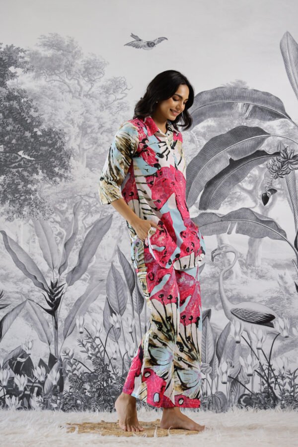 Multi Ehtnic Motif Collared Cotton Lounge Co-Ord Set with 3 button - Image 4
