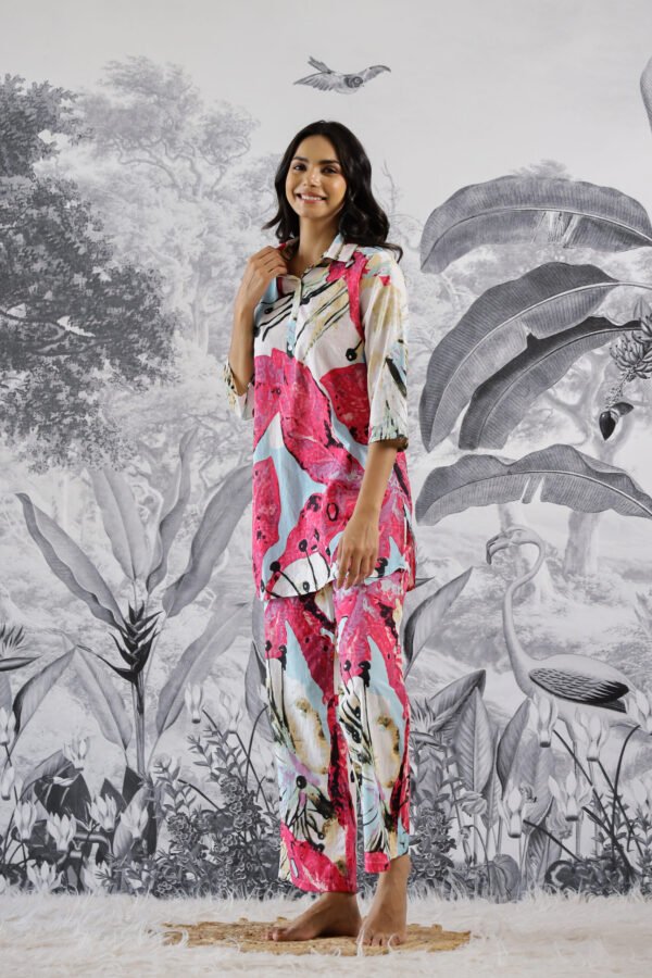 Multi Ehtnic Motif Collared Cotton Lounge Co-Ord Set with 3 button - Image 5