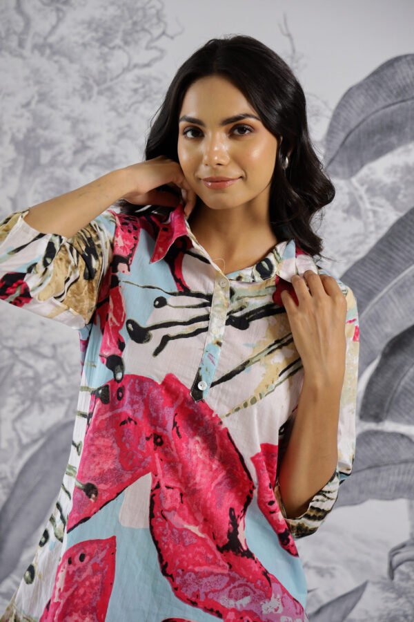 Multi Ehtnic Motif Collared Cotton Lounge Co-Ord Set with 3 button - Image 6