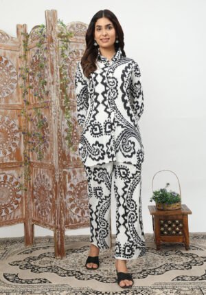 Black & White Ehtnic Motif Collared Cotton Lounge Co-Ord Set with 7 button