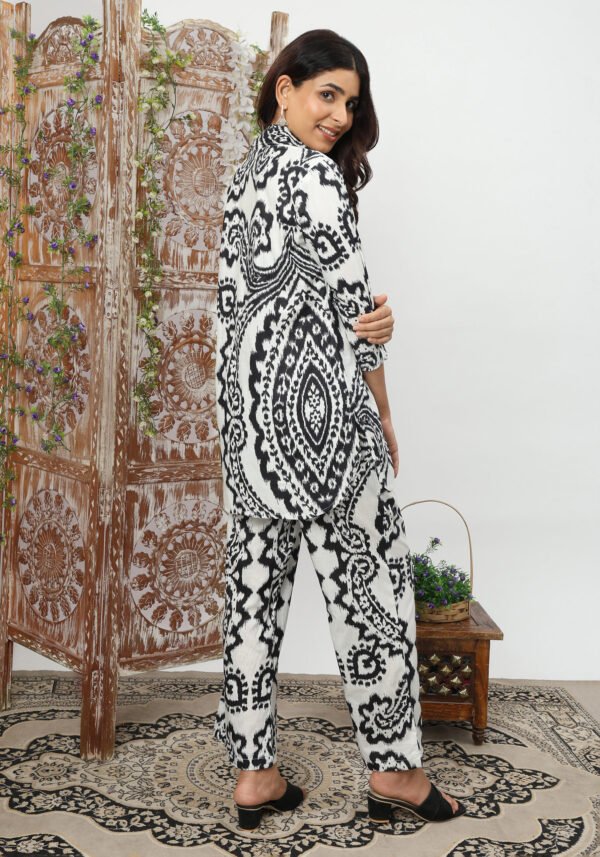 Black & White Ehtnic Motif Collared Cotton Lounge Co-Ord Set with 7 button - Image 4
