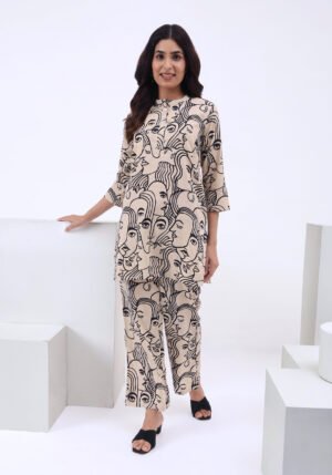 Beige Cotton Co-ord Set - Top & Trousers