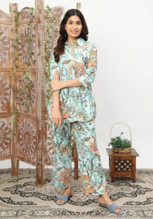 Blue & Orange Floral Jaal Cotton Coord Set
