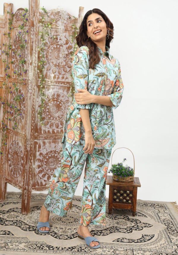 Blue & Orange Floral Jaal Cotton Coord Set - Image 3