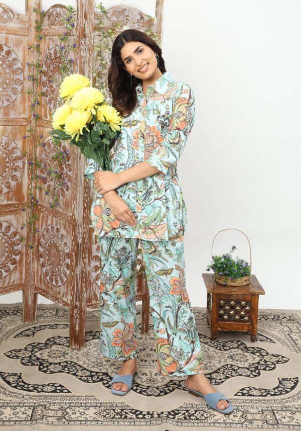 Blue & Orange Floral Jaal Cotton Coord Set - Image 4