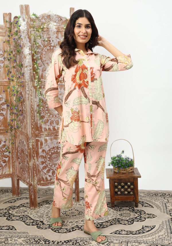Pastel Pink Floral Cotton Coord Set - Image 2