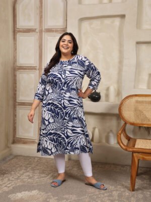 Plus Size Blue Cotton Print Long Kurta