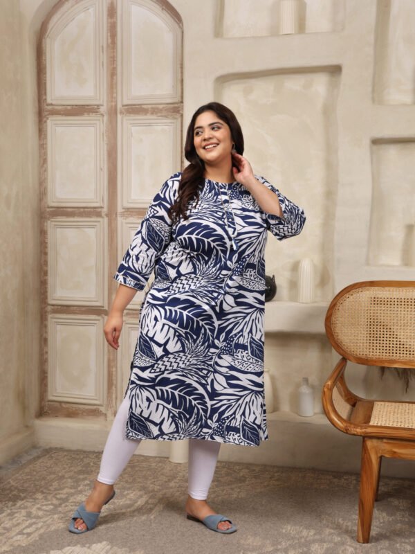 Plus Size Blue Cotton Print Long Kurta - Image 2