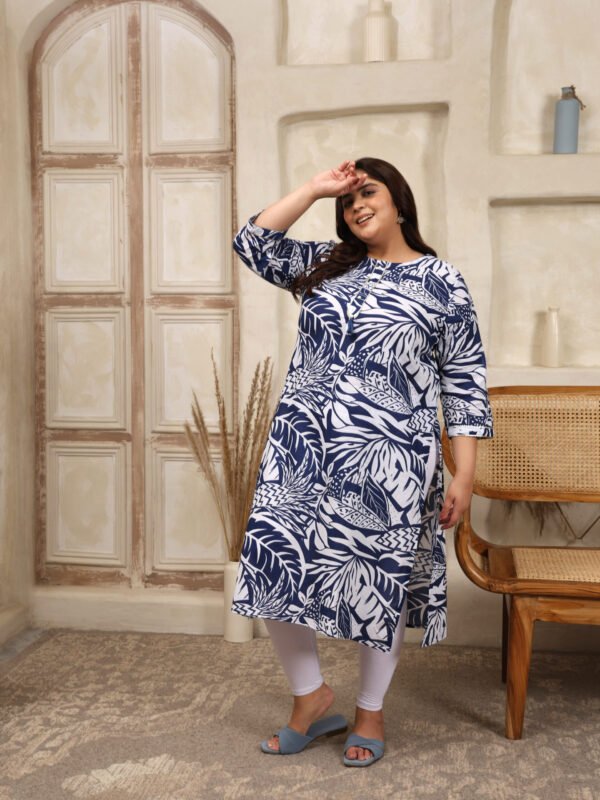 Plus Size Blue Cotton Print Long Kurta - Image 3