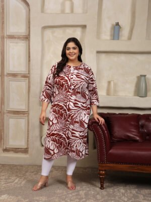 Plus Size MEHROON Cotton Print Long Kurta