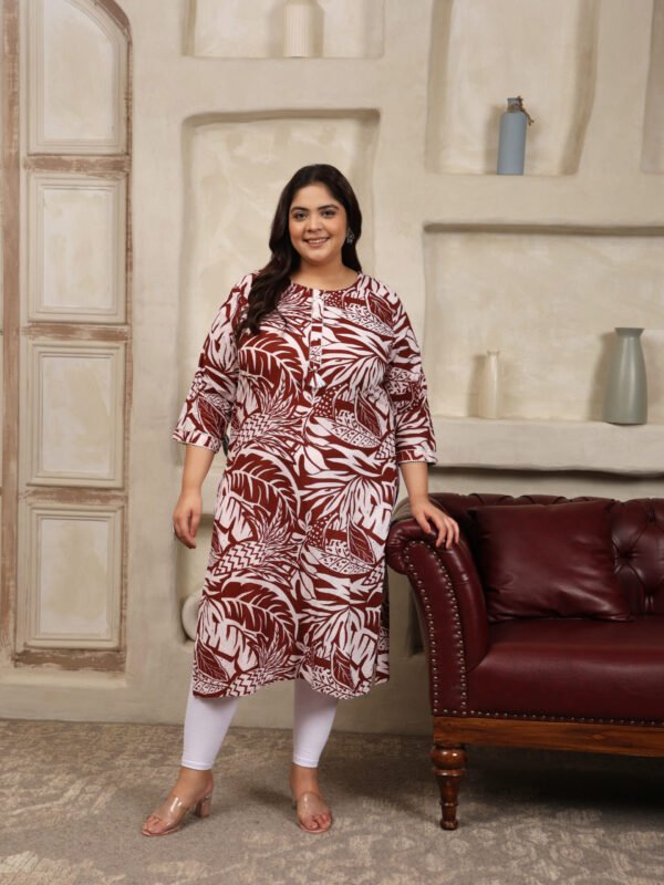 Plus Size MEHROON Cotton Print Long Kurta