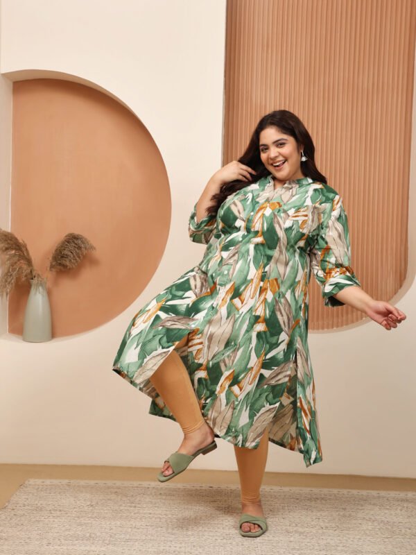 Plus Size GREEN Cotton Print Long Kurta - Image 2
