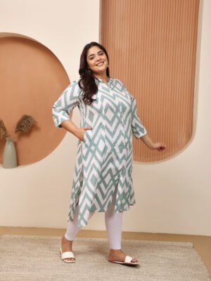 Plus Size BLUE Cotton Print Long Kurta