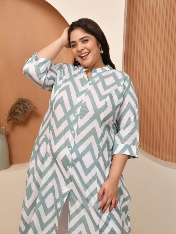 Plus Size BLUE Cotton Print Long Kurta - Image 6