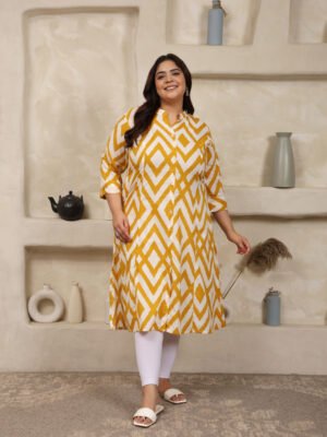 Plus Size YELLOW Cotton Print Long Kurta