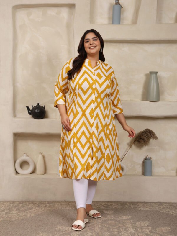 Plus Size YELLOW Cotton Print Long Kurta