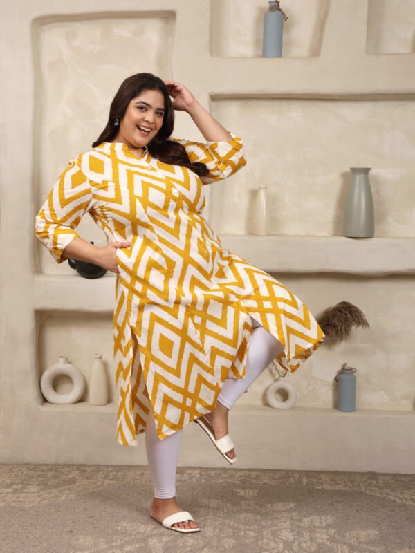 Plus Size YELLOW Cotton Print Long Kurta - Image 3