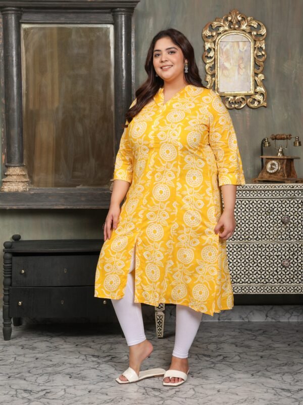 Plus Size YELLOW Cotton Print Long Kurta - Image 6