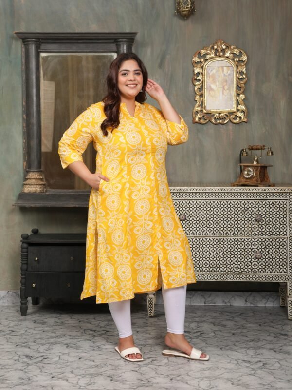 Plus Size YELLOW Cotton Print Long Kurta - Image 2