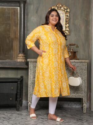 Plus Size YELLOW Cotton Print Long Kurta