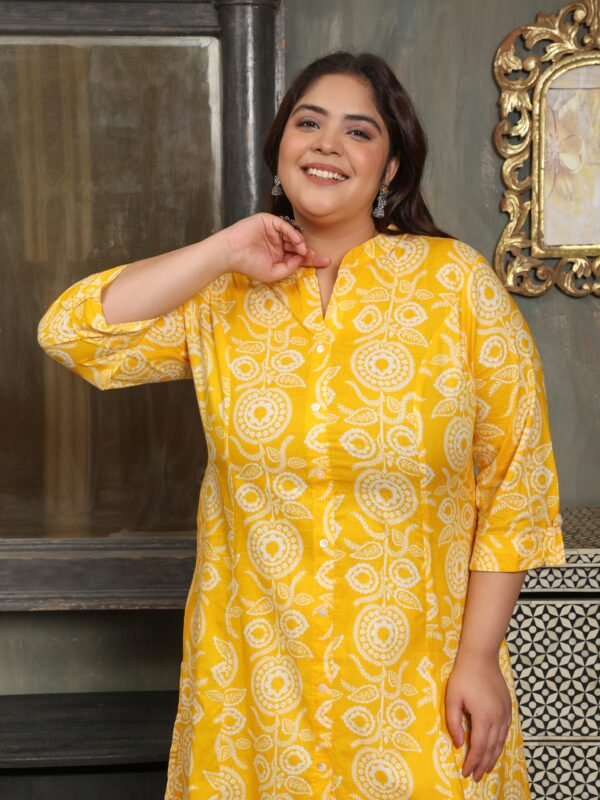 Plus Size YELLOW Cotton Print Long Kurta - Image 5