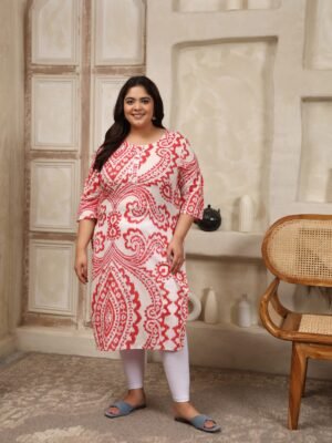 Plus Size RED Cotton Print Long Kurta