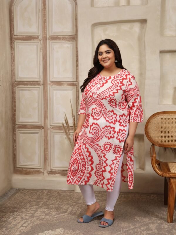 Plus Size RED Cotton Print Long Kurta - Image 2