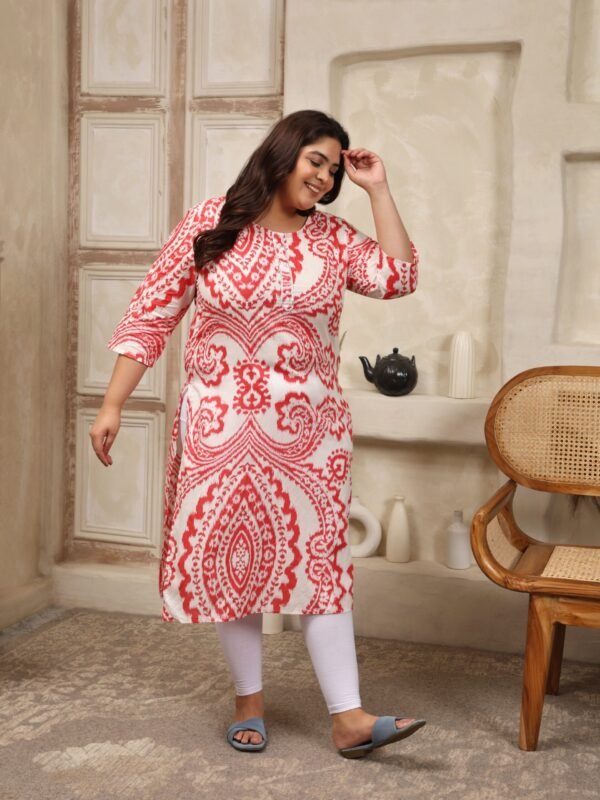 Plus Size RED Cotton Print Long Kurta - Image 3