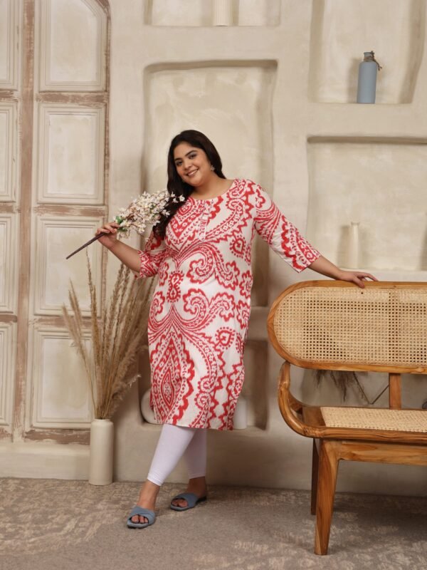 Plus Size RED Cotton Print Long Kurta - Image 4