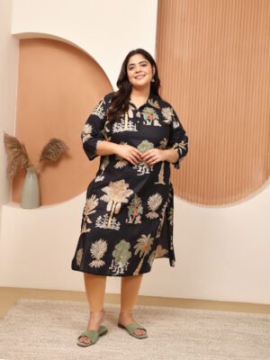 Plus Size Black Cotton Print Long Kurti