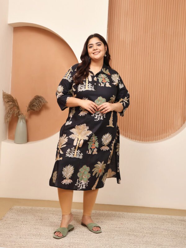 Plus Size Black Cotton Print Long Kurti