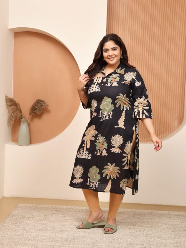 Plus Size Black Cotton Print Long Kurti - Image 3