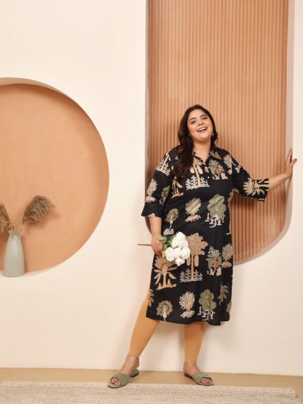 Plus Size Black Cotton Print Long Kurti - Image 4