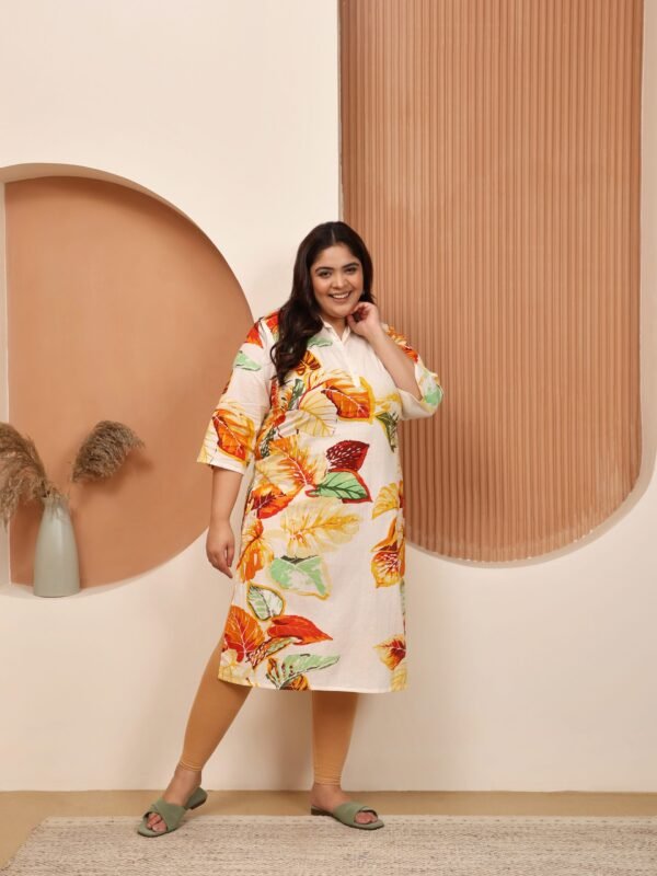Plus Size White Cotton Print Long Kurti - Image 2