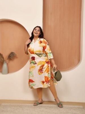 Plus Size White Cotton Print Long Kurti
