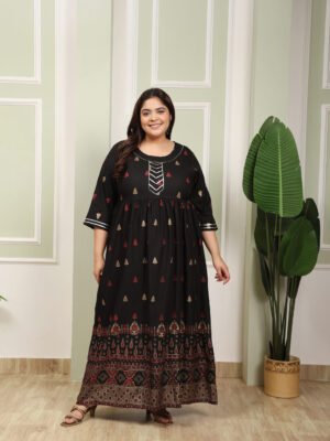 Plus Size Black Cotton Print Gown