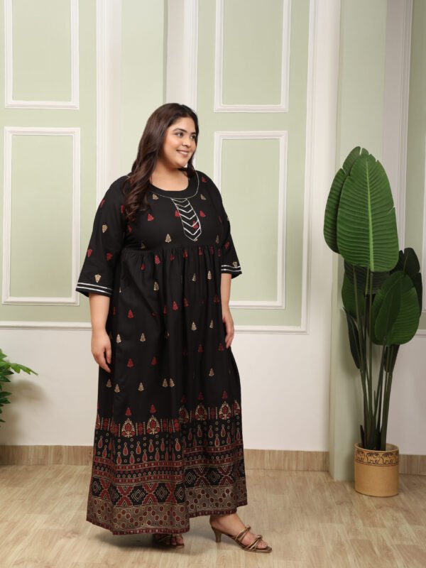 Plus Size Black Cotton Print Gown - Image 5