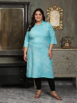 Plus Size Blue Cotton Print Long Kurti