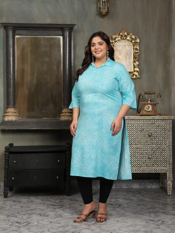 Plus Size Blue Cotton Print Long Kurti - Image 2
