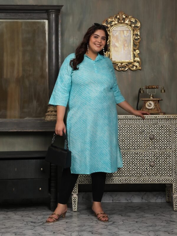Plus Size Blue Cotton Print Long Kurti - Image 4