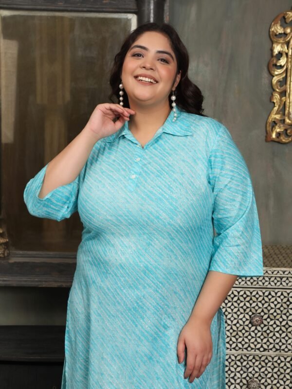 Plus Size Blue Cotton Print Long Kurti - Image 6